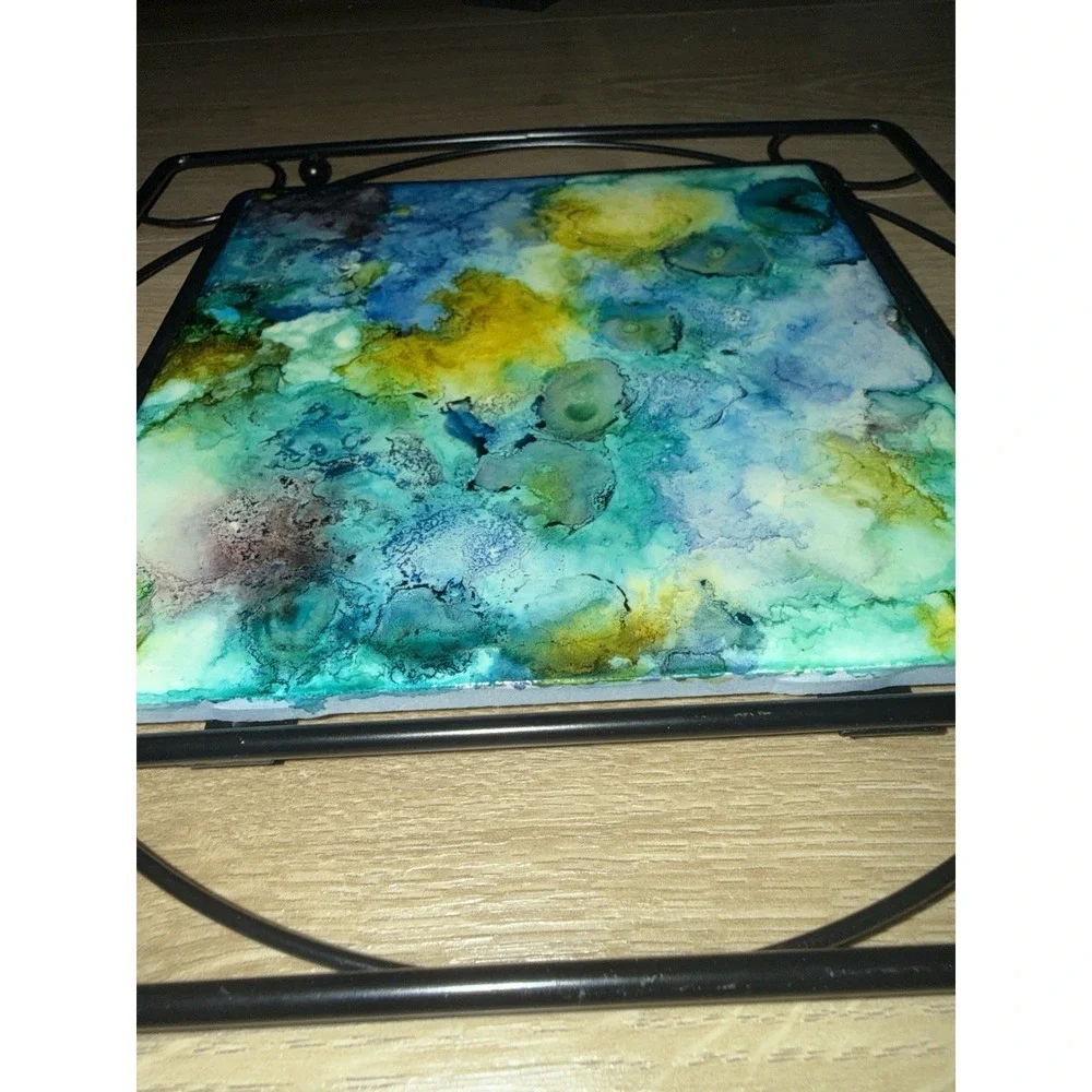 Hand Painted Tile Metal Trivet 7x7 Paint Pourblue Green Turquoise Square Shape